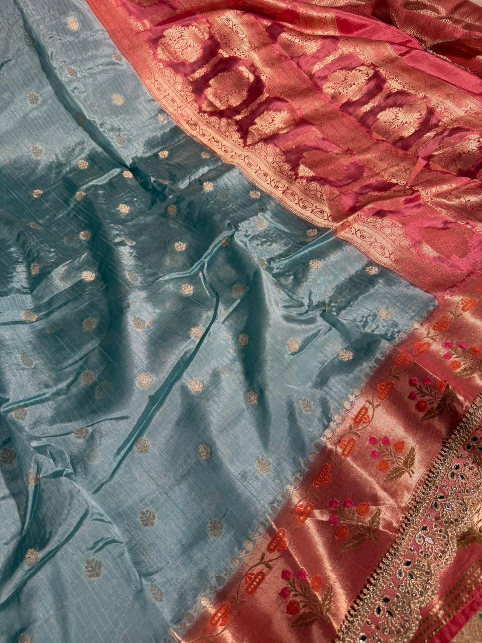 Sea Green Premium Dupion Silk Lace Work Banarasi Saree