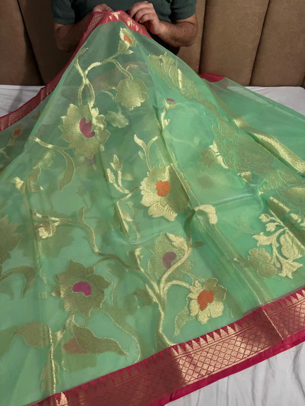 Sea Green Premium Organza Banarasi Silk Saree with Extraordinary Pallu