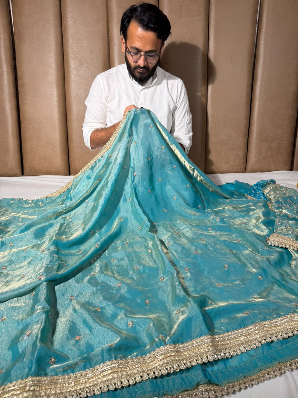 Sea Green Shimmery Tissue Silk Embroidered Lace Work Saree