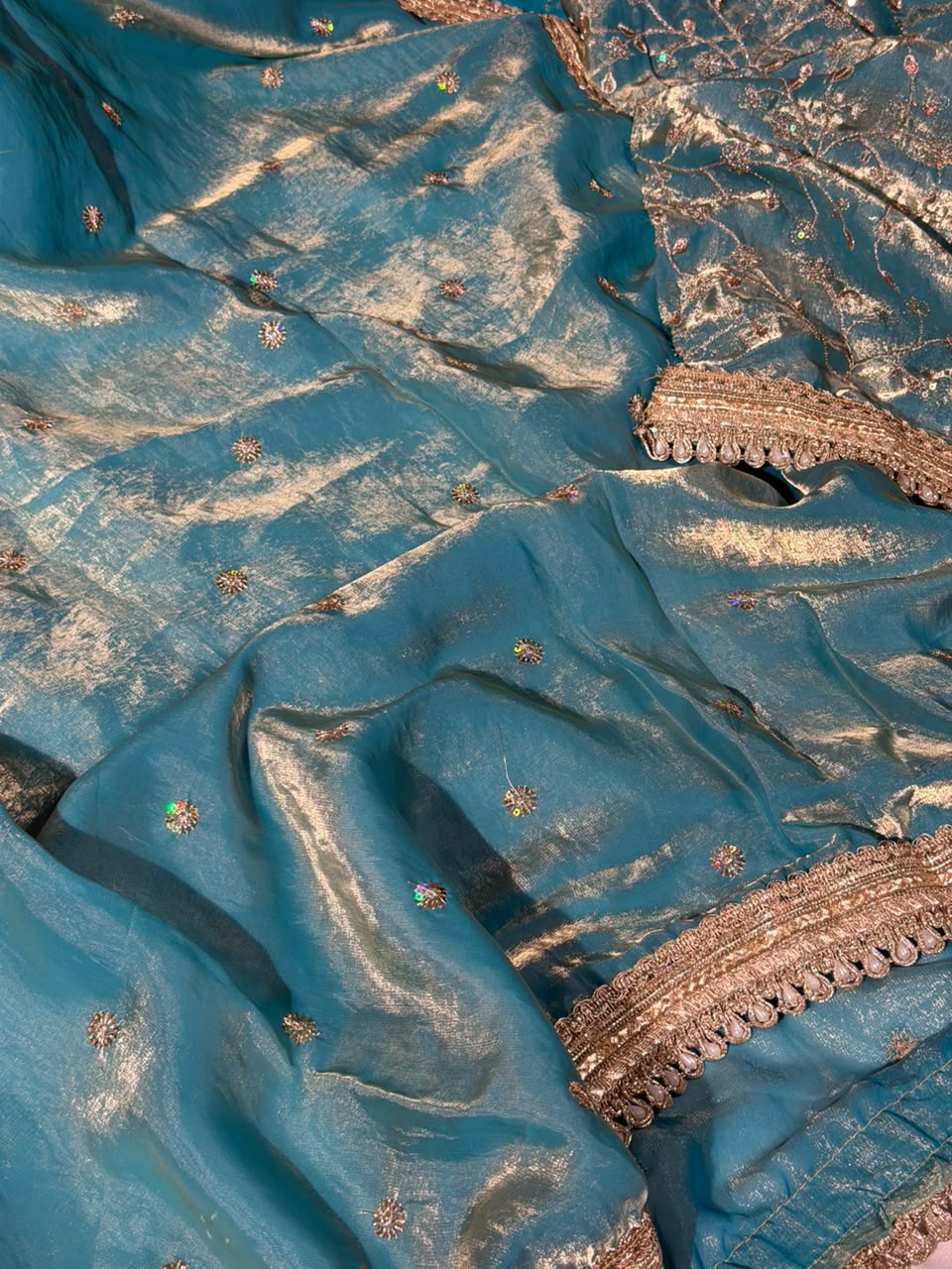 Sea Green Shimmery Tissue Silk Embroidered Lace Work Saree