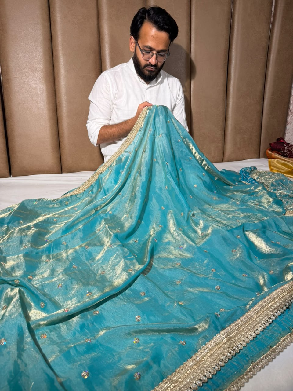 Sea Green Shimmery Tissue Silk Embroidered Lace Work Saree