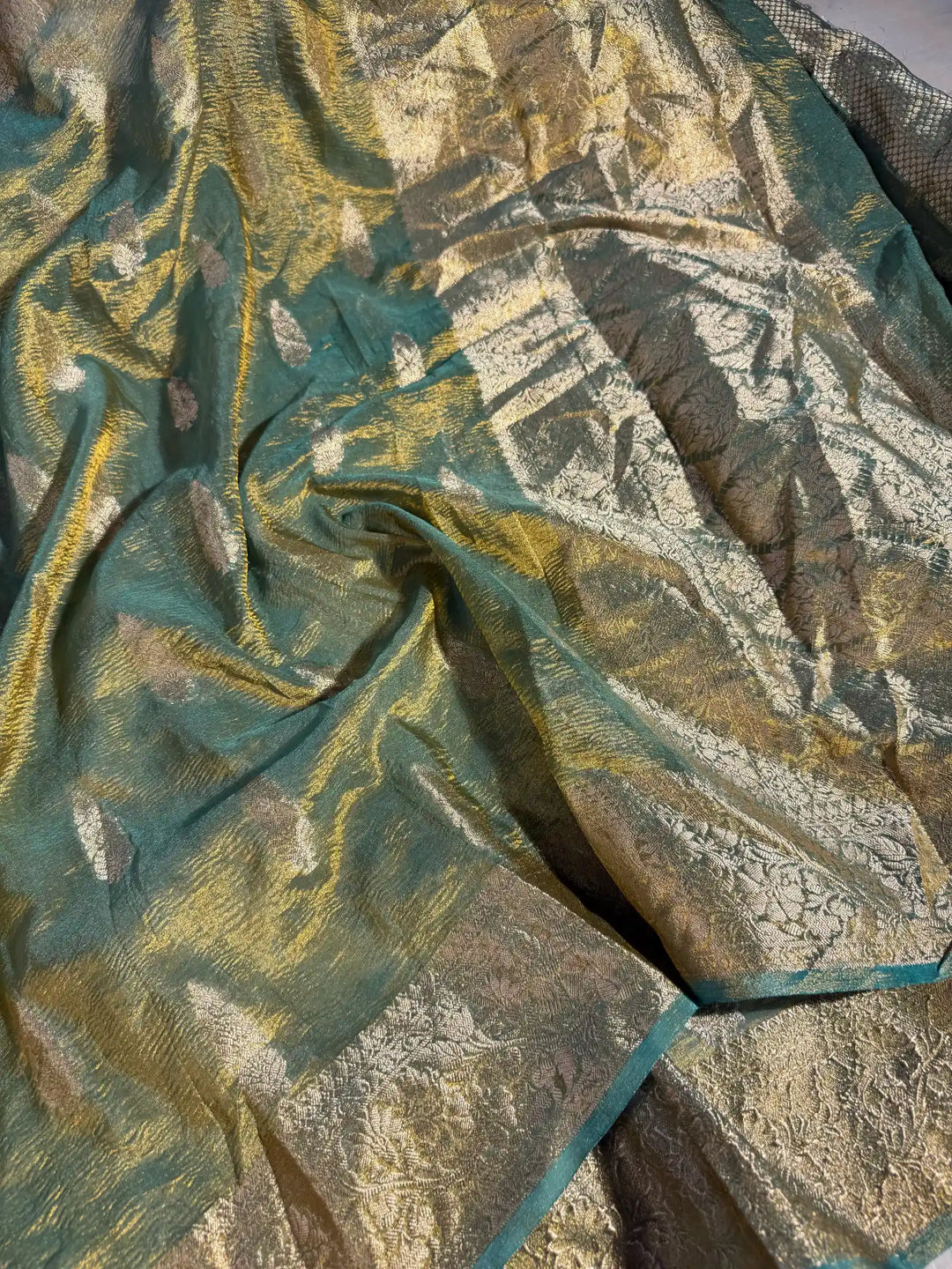 Sea Green Soft Tissue Silk Crushed Texture Banarasi Saree
