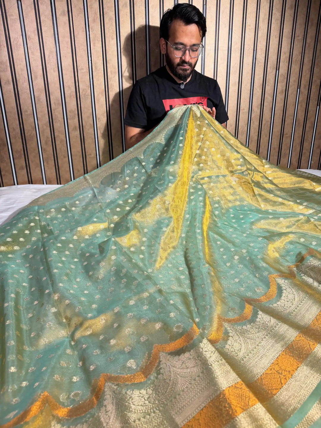 Sea Green Tissue Silk Contemporary Heritage Weave Banarasi Saree