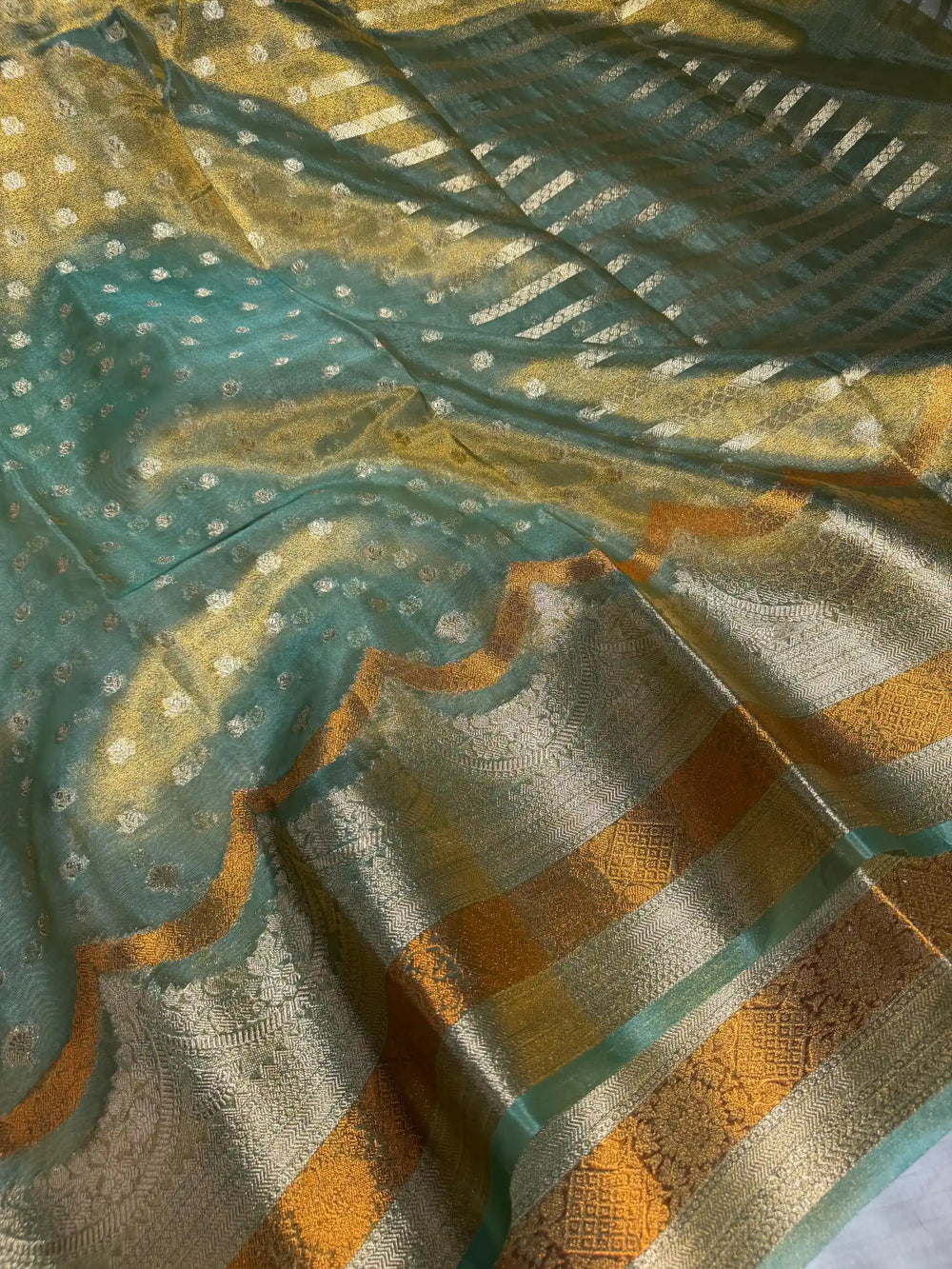 Sea Green Tissue Silk Contemporary Heritage Weave Banarasi Saree