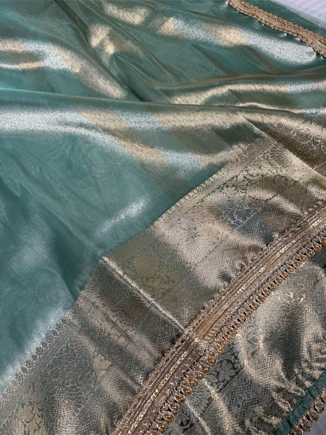 Sea Green Tissue Silk Designer Lace Attached Banarasi Saree