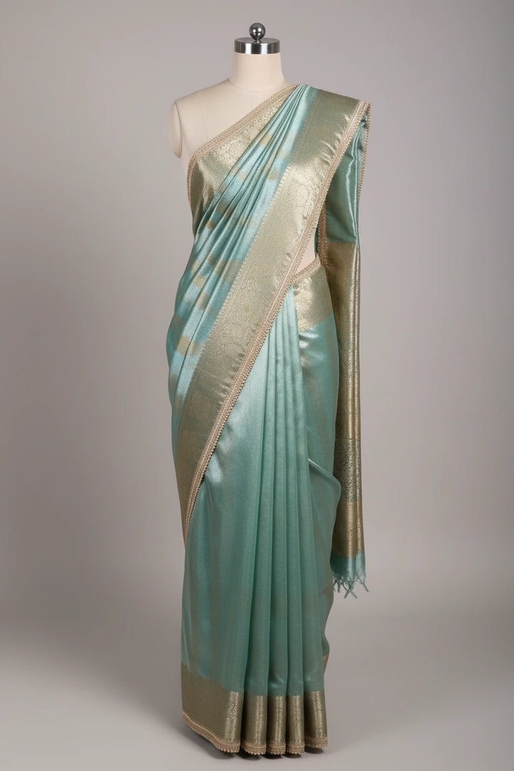 Sea Green Tissue Silk Designer Lace Attached Banarasi Saree