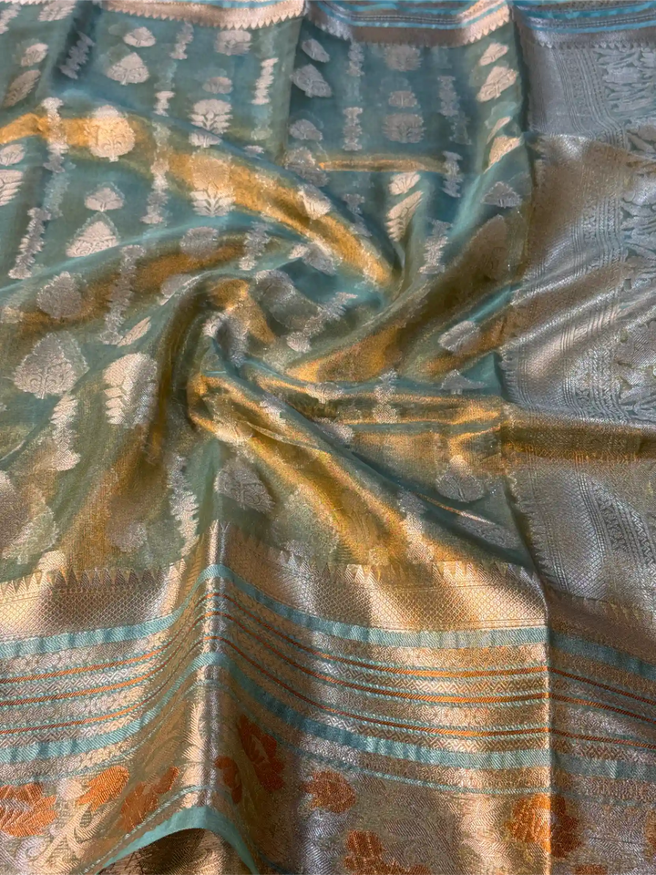 Sea Green Tissue Silk Jacquard Traditional Weave Banarasi Saree
