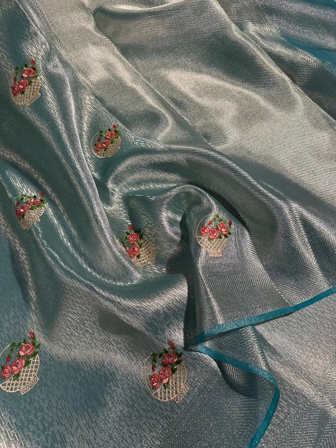 Sea Green Tissue Silk Knitted Embroidery Work Banarasi Saree
