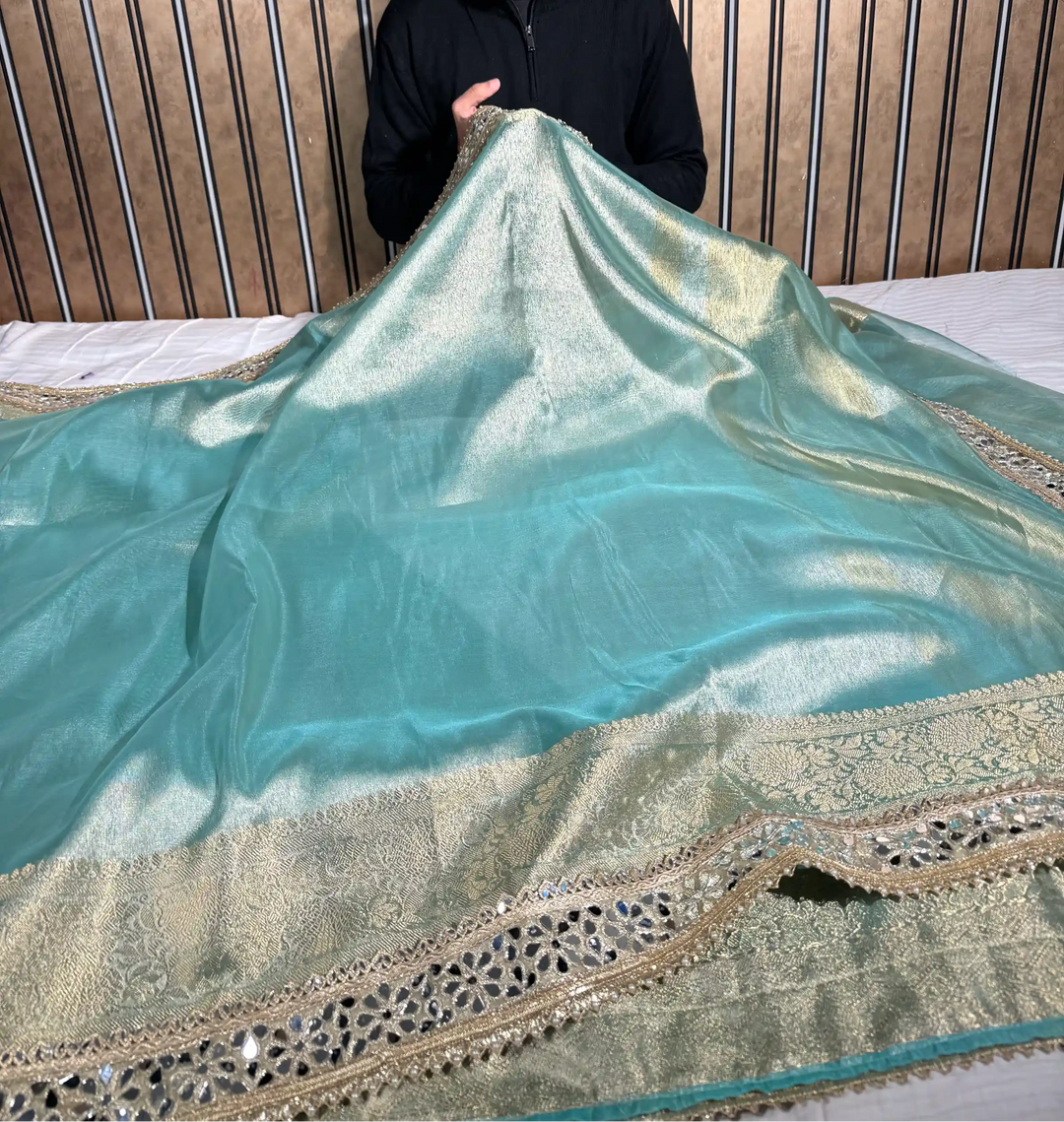 Sea Green Tissue Silk Majestic Mirror Work Gota Attached Banarasi Saree