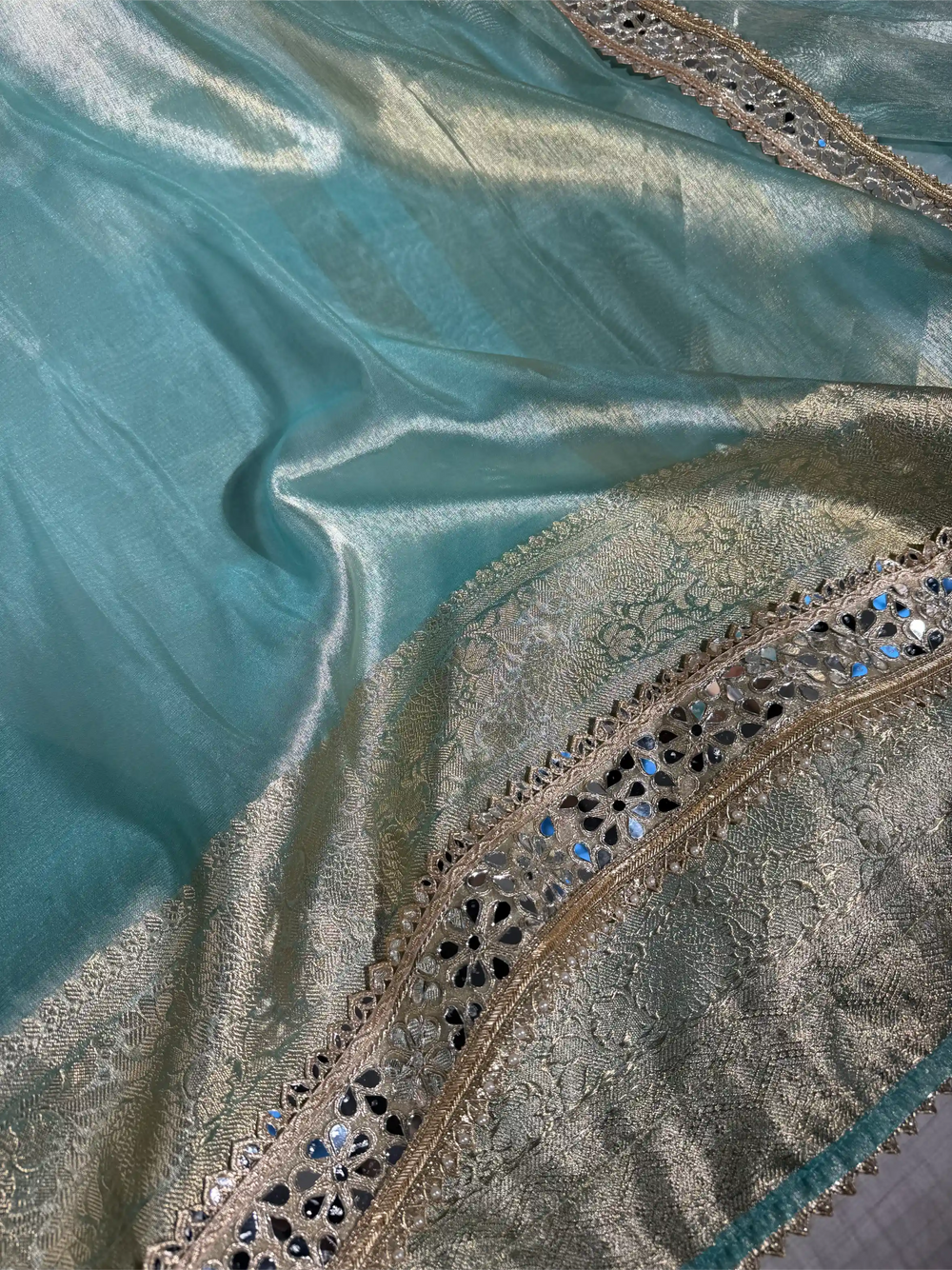 Sea Green Tissue Silk Majestic Mirror Work Gota Attached Banarasi Saree