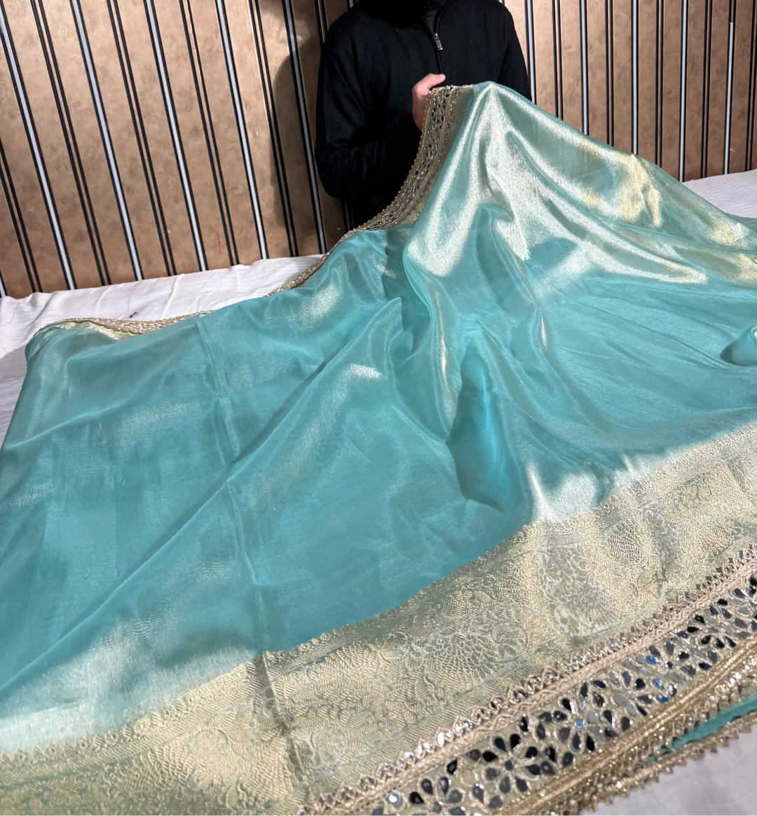 Sea Green Tissue Silk Majestic Mirror Work Gota Attached Banarasi Saree