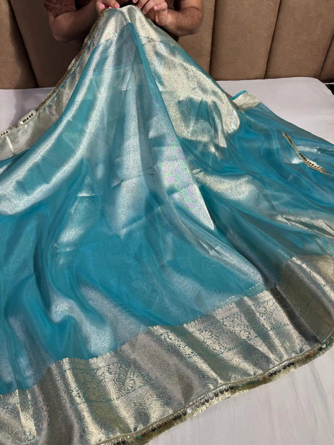 Sea Green Tissue Silk Saree with Lace Work