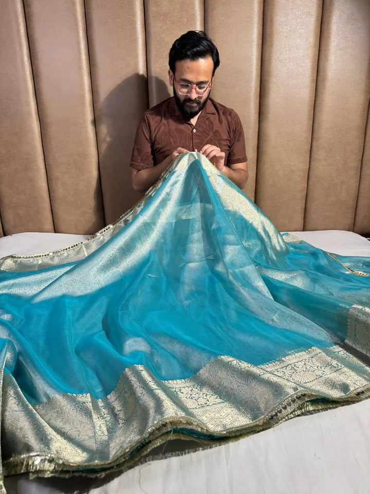 Sea Green Tissue Silk Saree with Lace Work