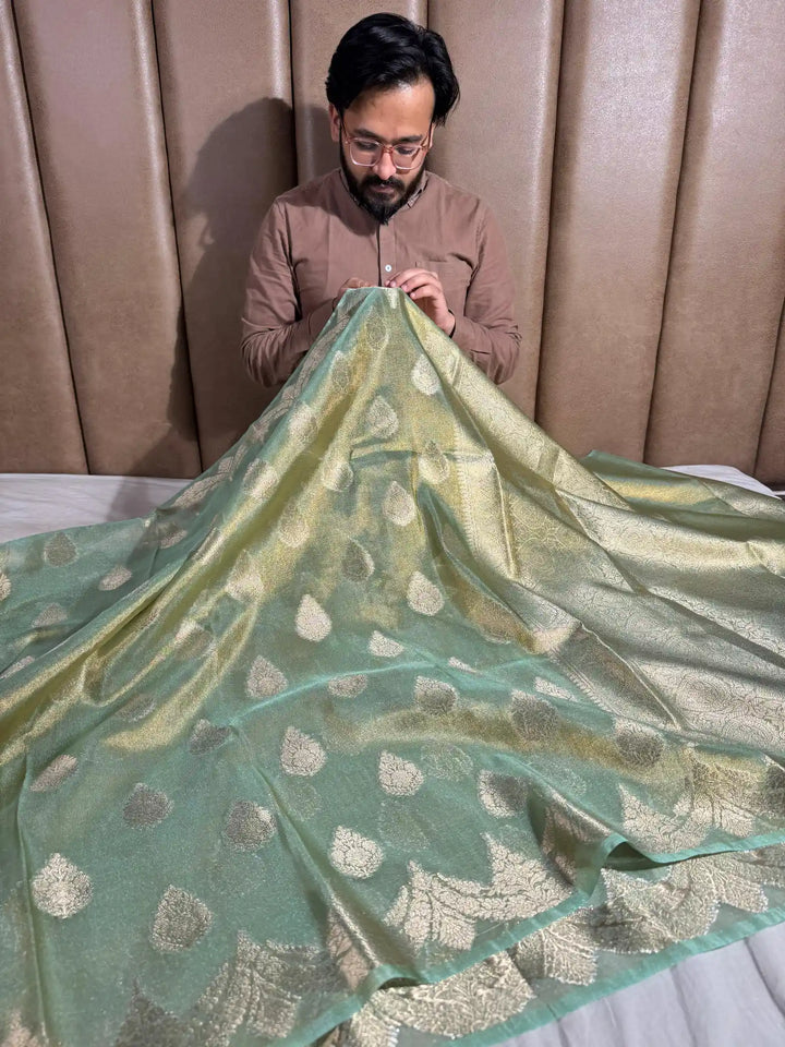 Sea Green Tissue banarasi saree with rich pallu and blouse