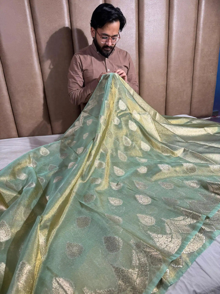 Sea Green Tissue banarasi saree with rich pallu and blouse
