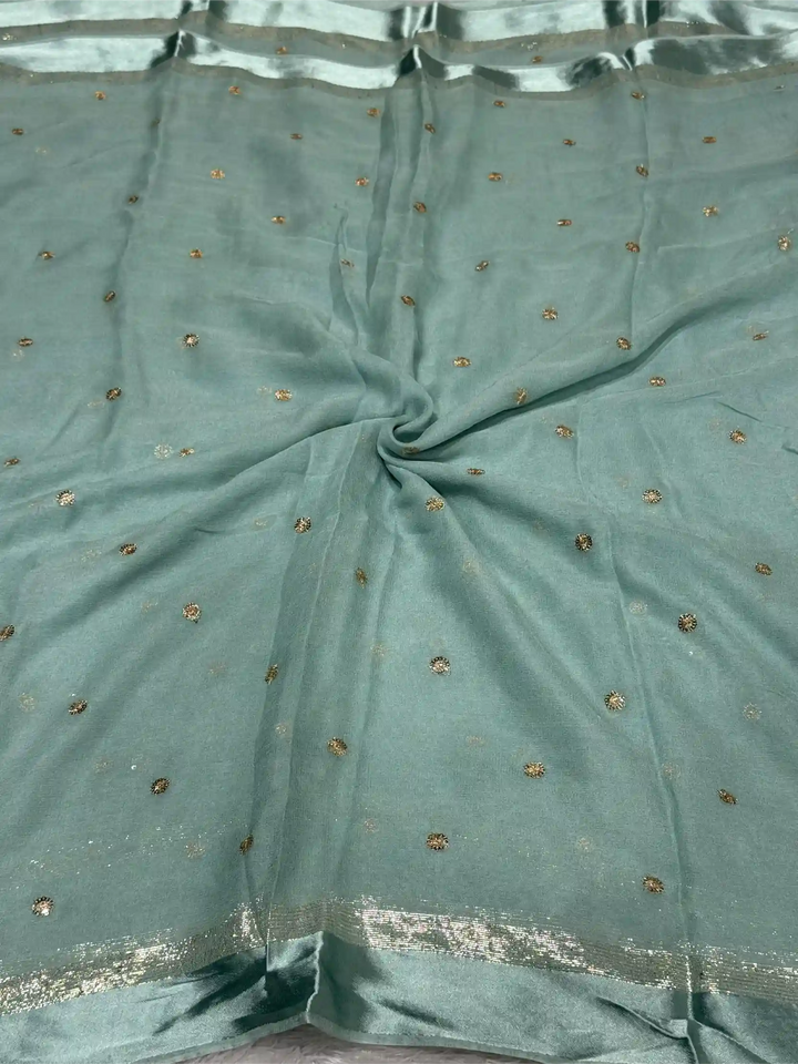 Sea Green Viscose Georgette Silk Embroidered Work Banarasi Saree