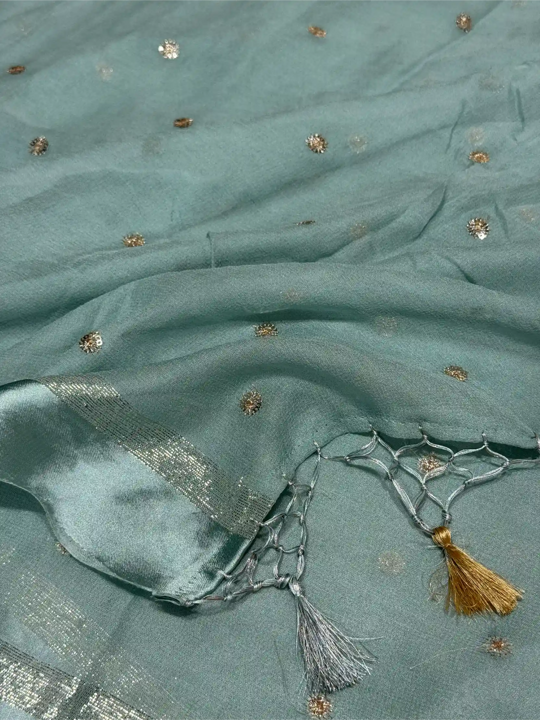 Sea Green Viscose Georgette Silk Embroidered Work Banarasi Saree