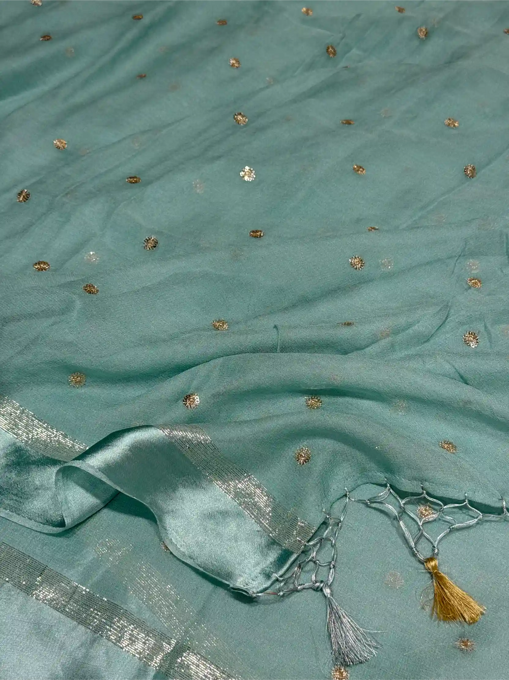 Sea Green Viscose Georgette Silk Embroidered Work Banarasi Saree