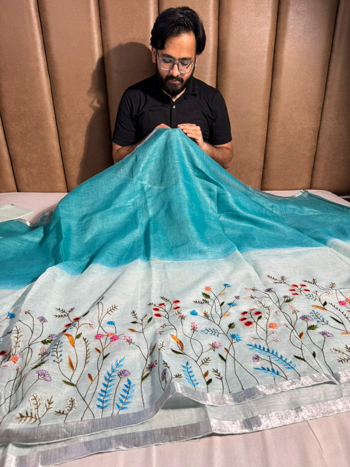 Sea Green with White Pure Linen Silk Saree with Complete Handwork on Top
