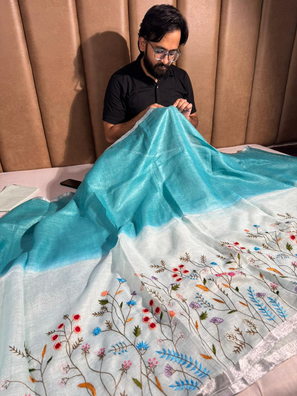Sea Green with White Pure Linen Silk Saree with Complete Handwork on Top