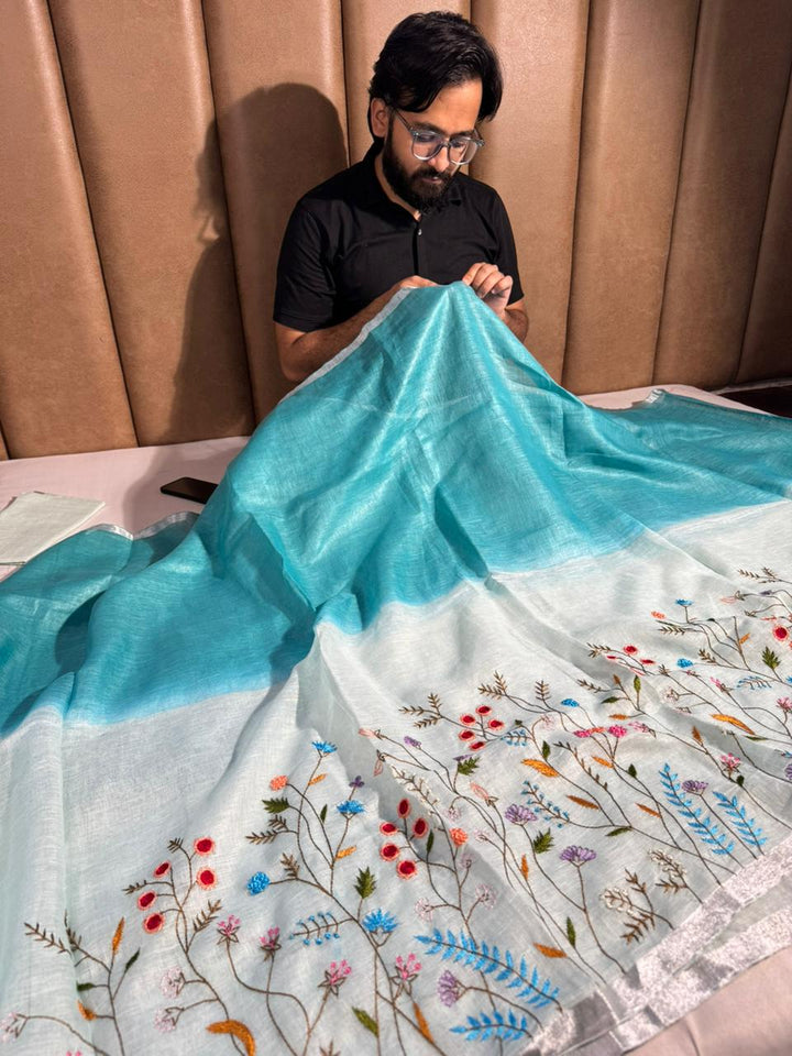 Sea Green with White Pure Linen Silk Saree with Complete Handwork on Top