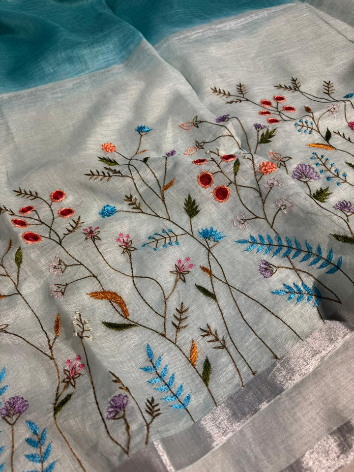 Sea Green with White Pure Linen Silk Saree with Complete Handwork on Top