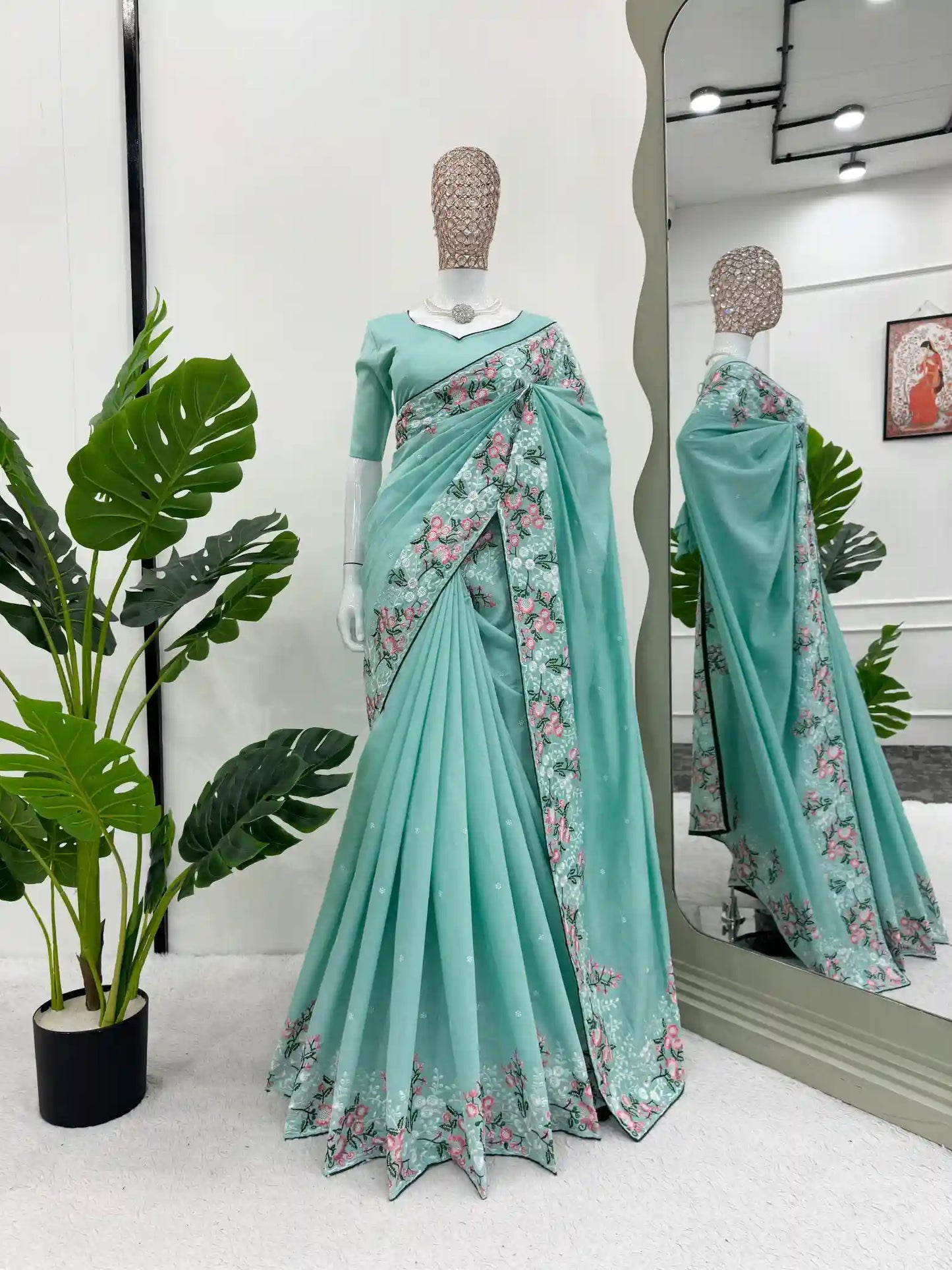 Sea Green Color Premium Softsilk Handwork Embroidered Saree