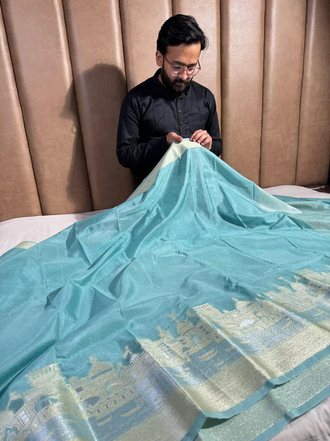 Sea Green Georgette Silk Ghat Pattern Banarasi Saree