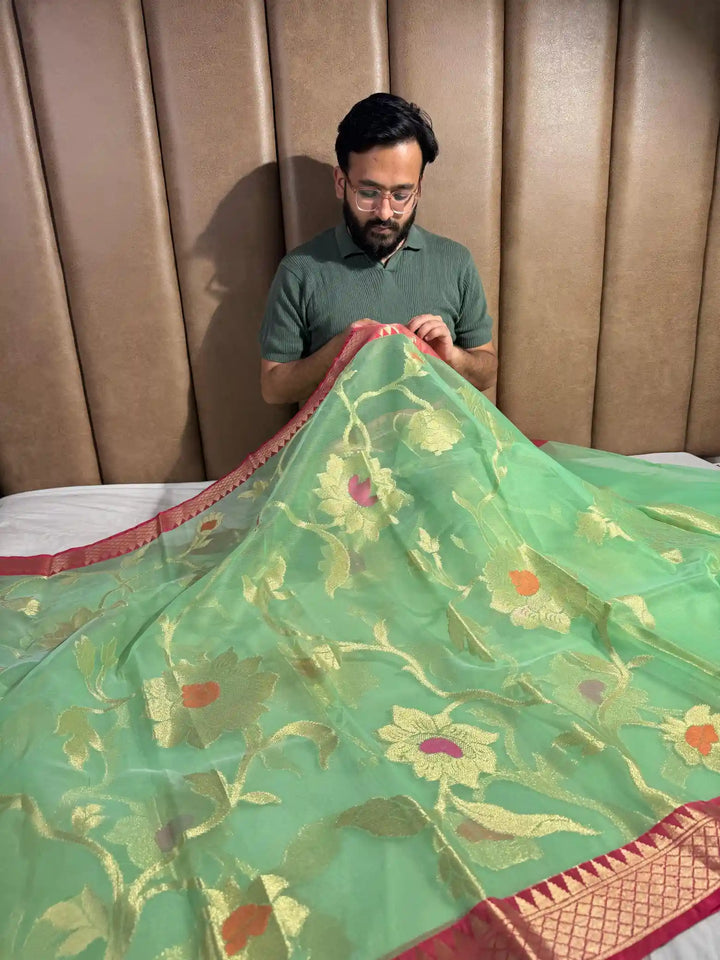 Sea Green Premium Organza Banarasi Silk Saree with Extraordinary Pallu