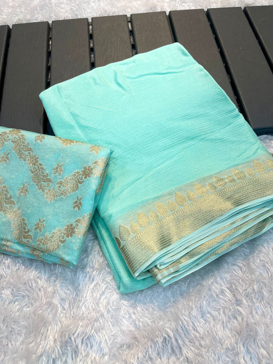 Sea Green Shade Heavy Mysore Crape Silk Saree with Brocade Blouse