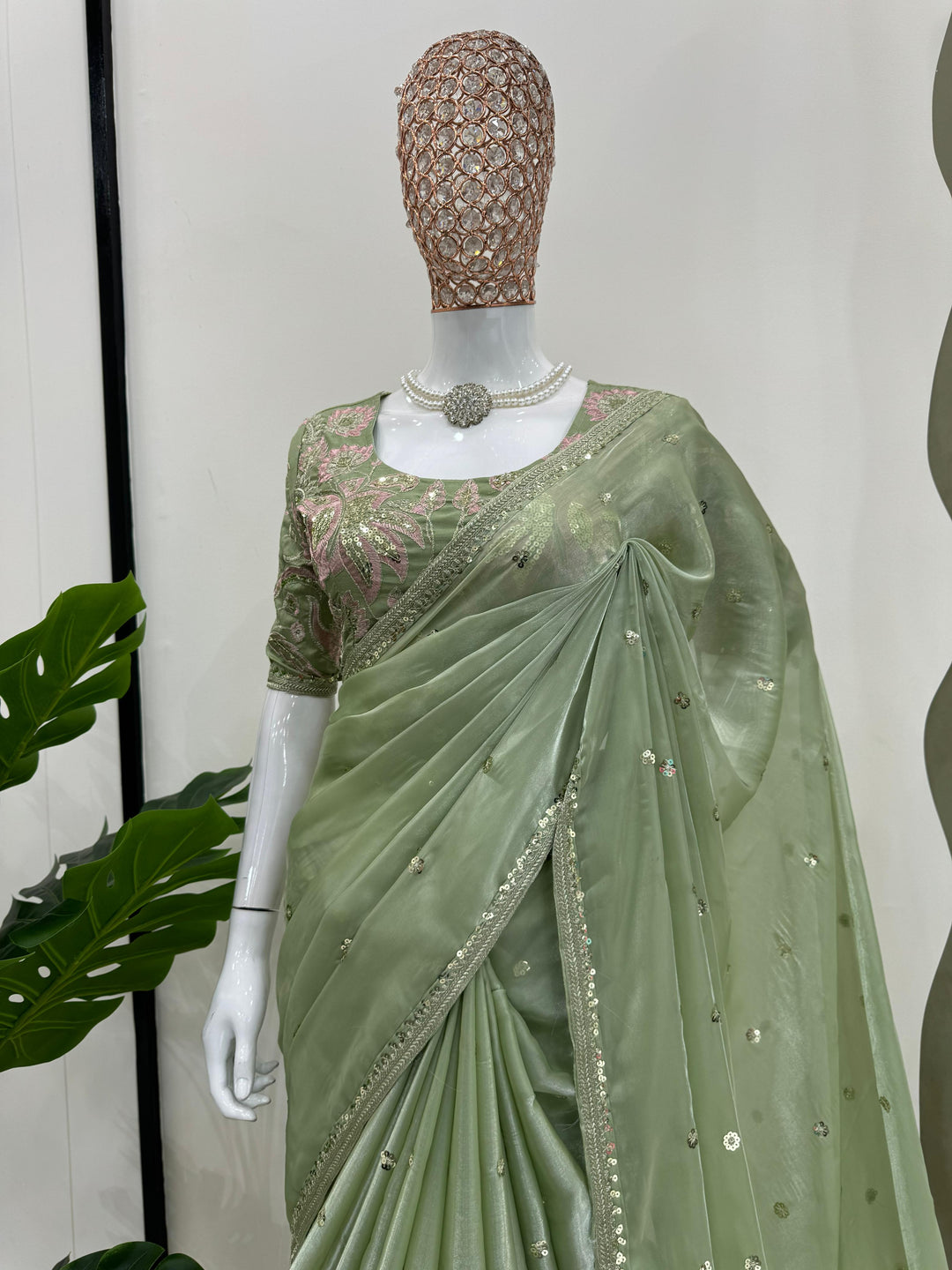 Sea Green Shimmery Tissue Designer Saree