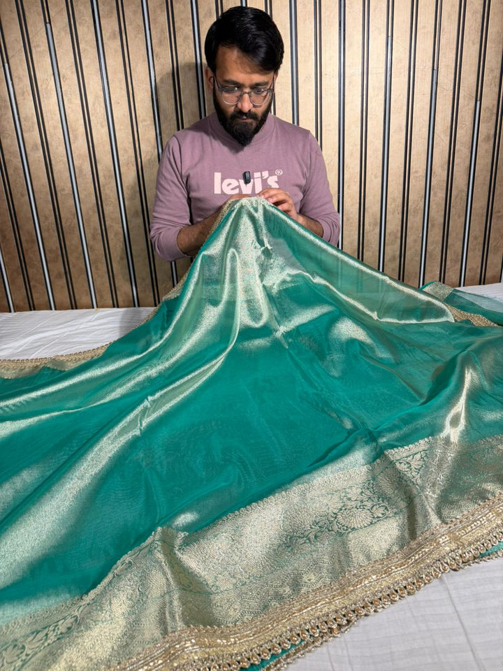 Sea Green Tissue Silk Designer Lace Attached Banarasi Saree