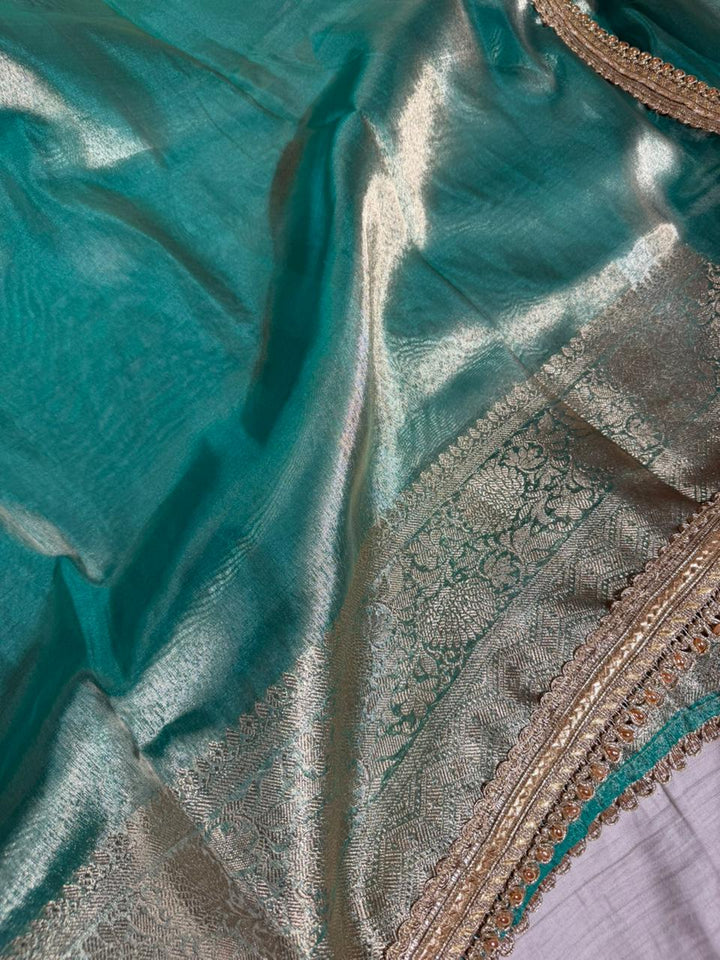 Sea Green Tissue Silk Designer Lace Attached Banarasi Saree