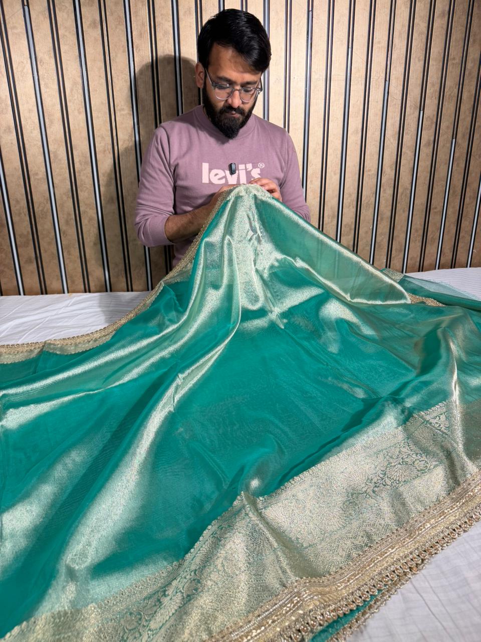 Sea Green Tissue Silk Designer Lace Attached Banarasi Saree