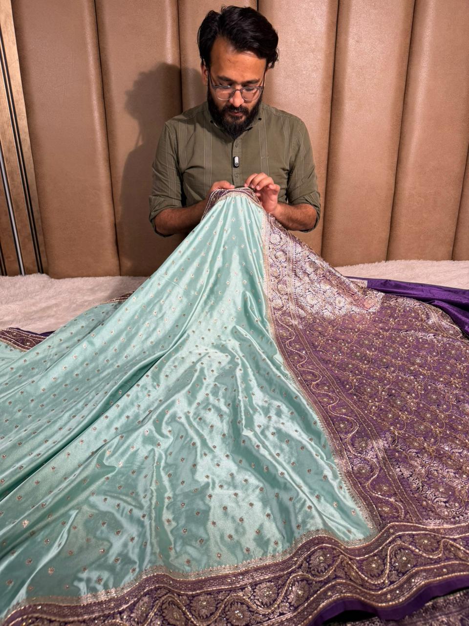 Sea green purple Mashru Katan handwork saree