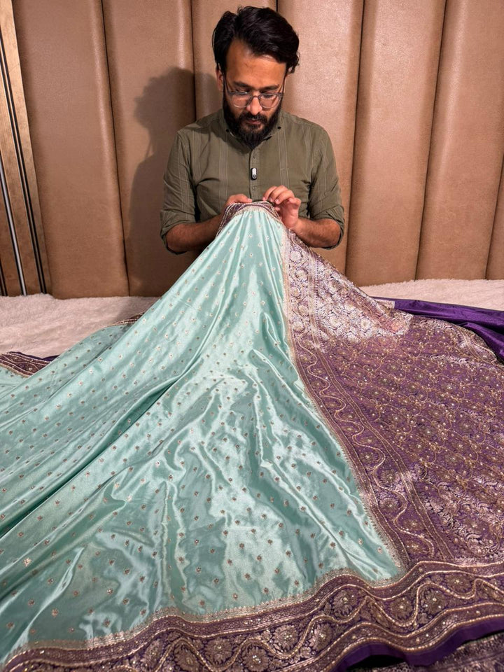 Sea green purple Mashru Katan handwork saree