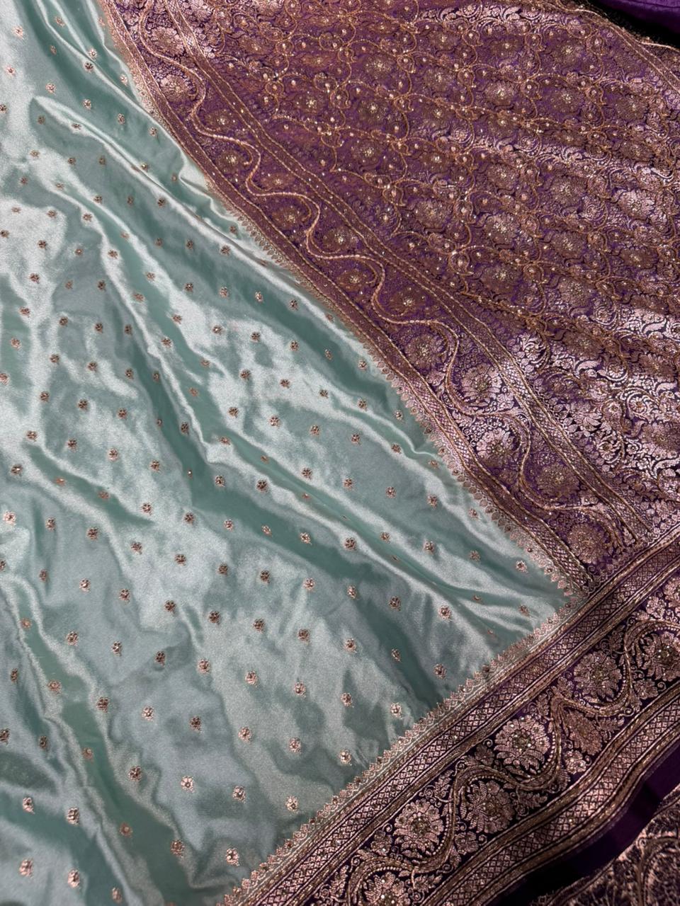 Sea green purple Mashru Katan handwork saree