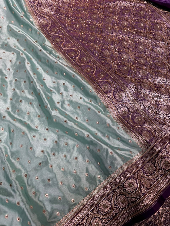 Sea green purple Mashru Katan handwork saree
