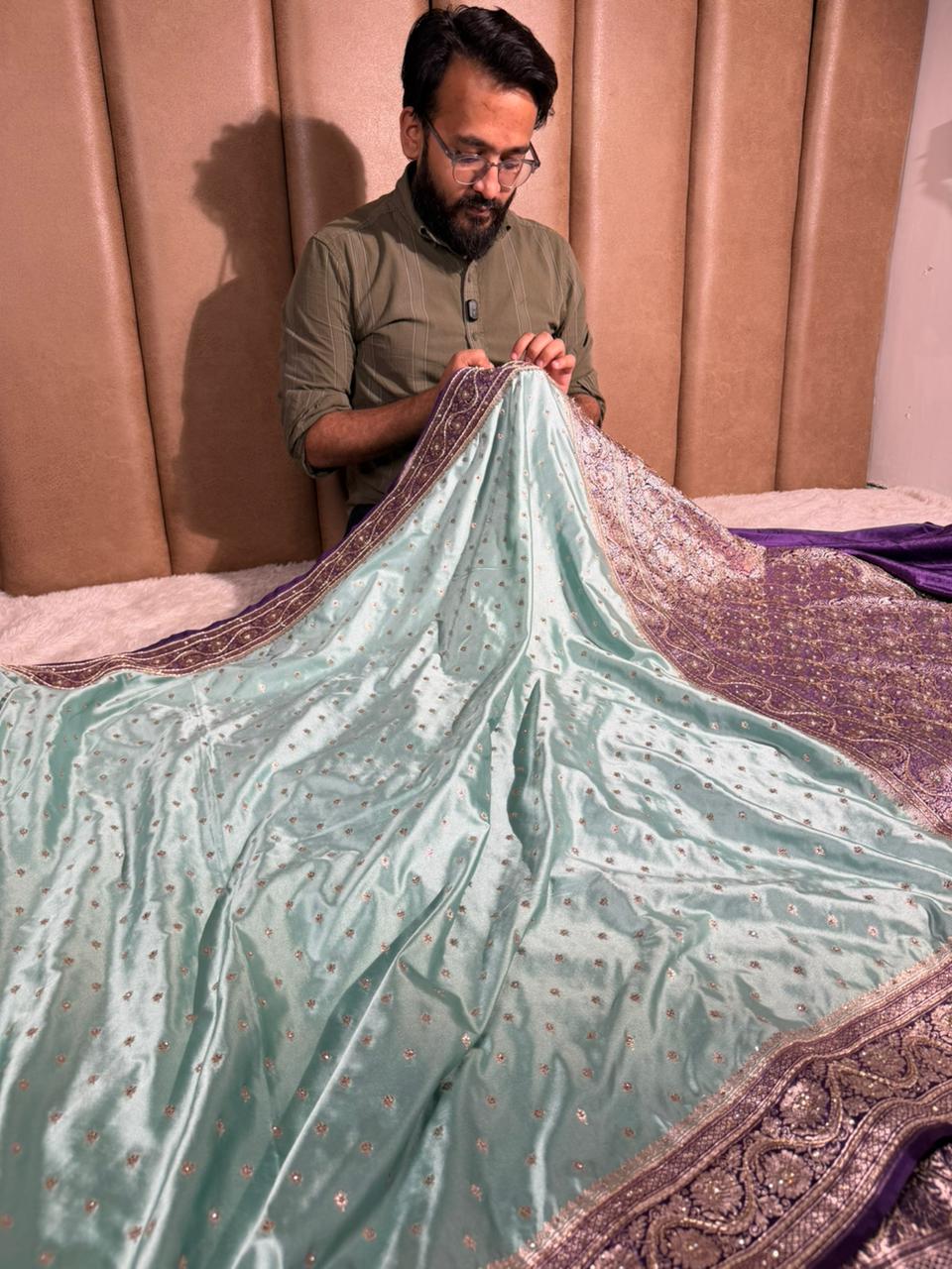 Sea green purple Mashru Katan handwork saree