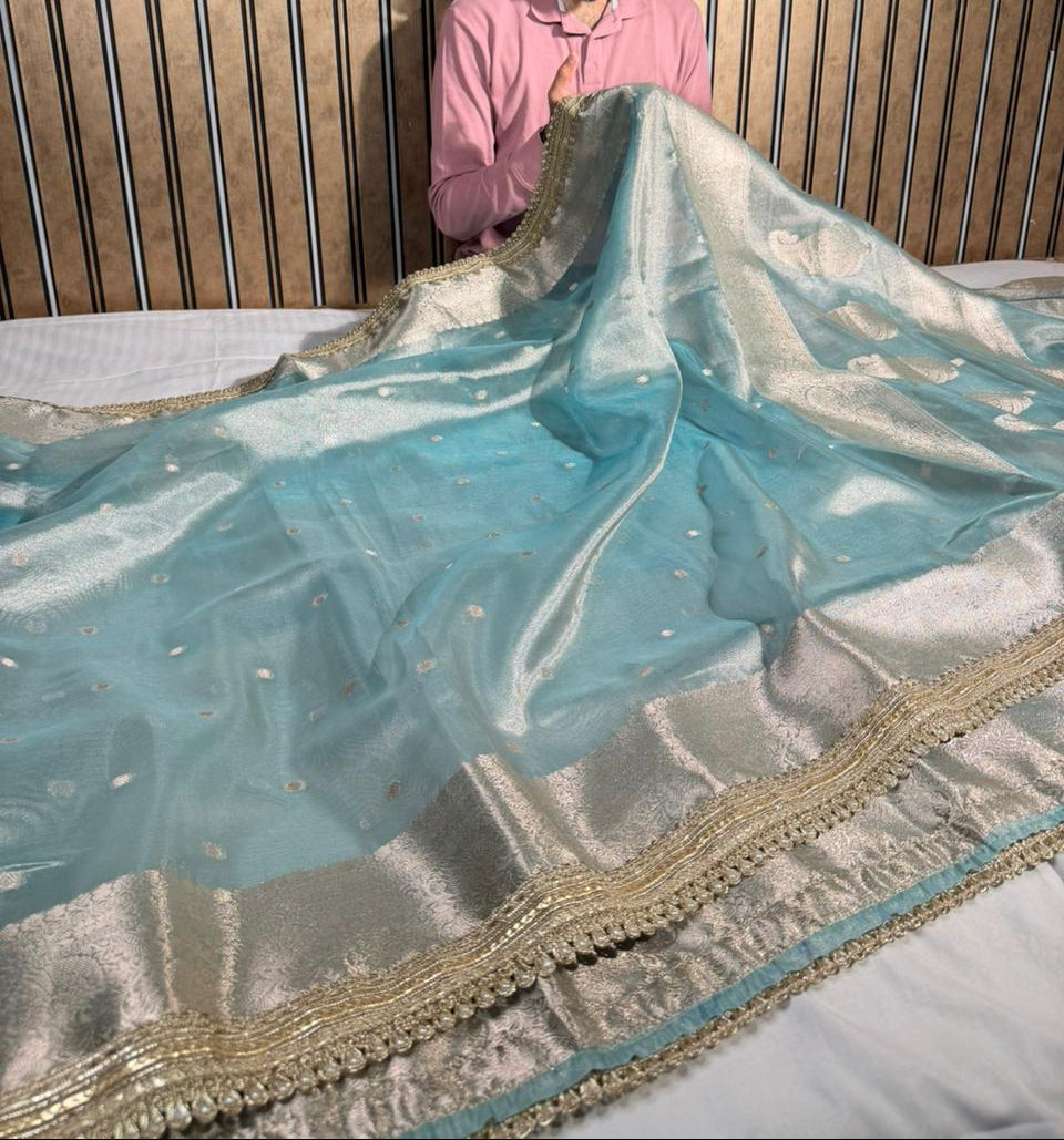 Sea green Eccentric Tissue silk Banarasi saree with Designer lace Work 