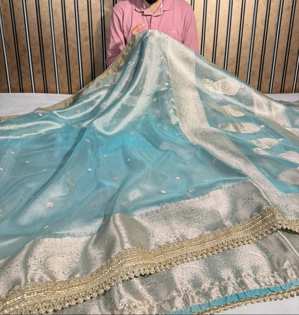 Sea green Eccentric Tissue silk Banarasi saree with Designer lace Work 
