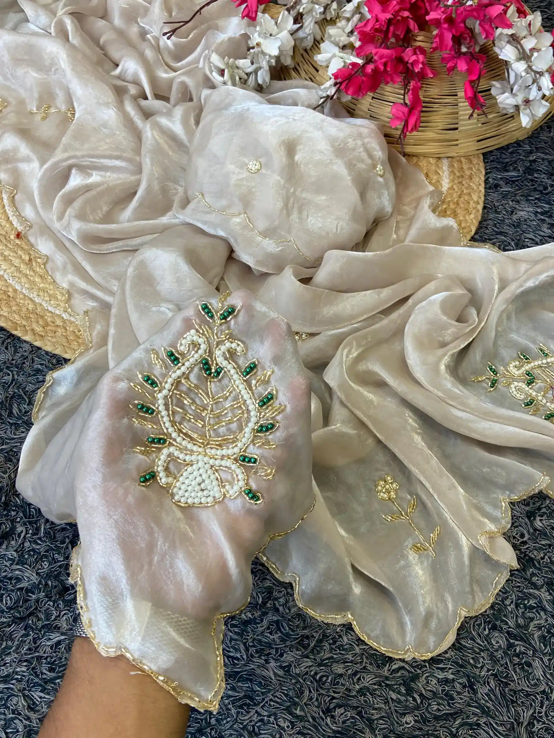 Shimmery Tissue Multi Meena Buta Handwork on Pallu with Extra Work on Blouse
