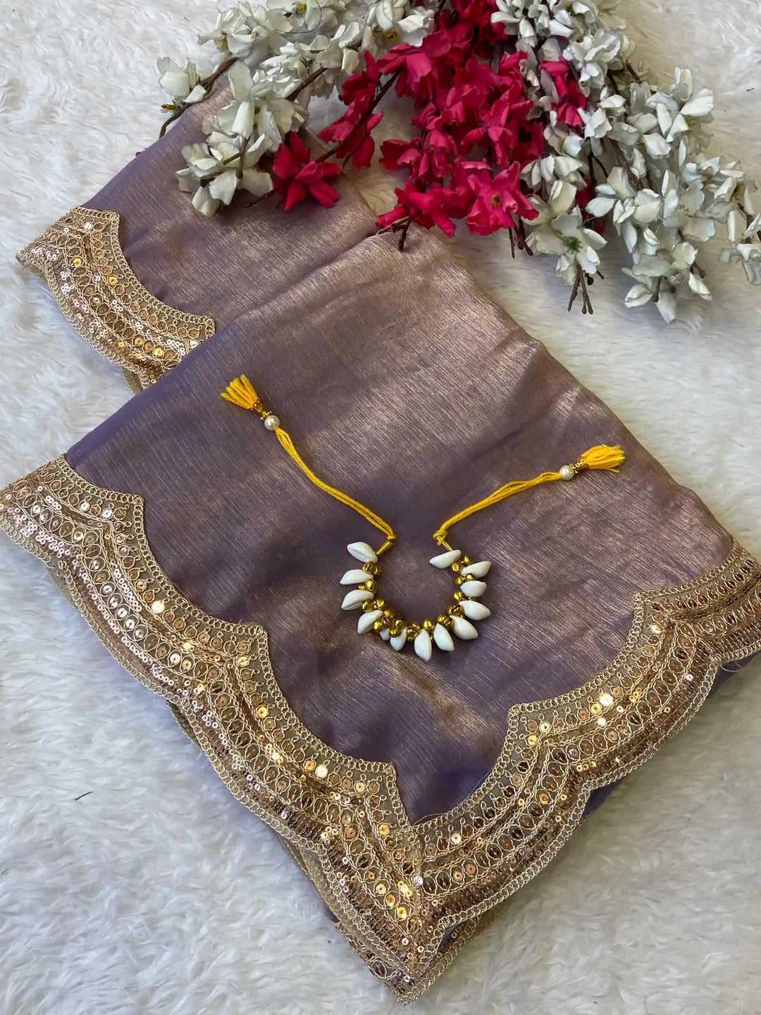 Shimmery Tissue Silk Saree with Cutwork Sequence Lacework 