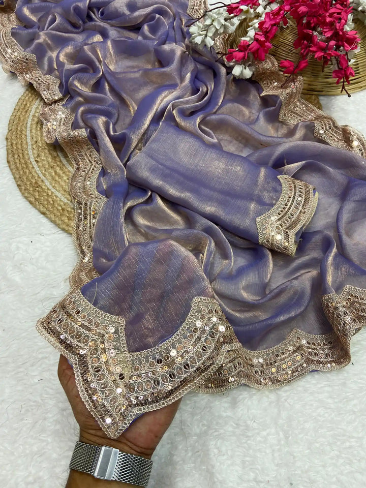Shimmery Tissue Silk Saree with Cutwork Sequence Lacework 