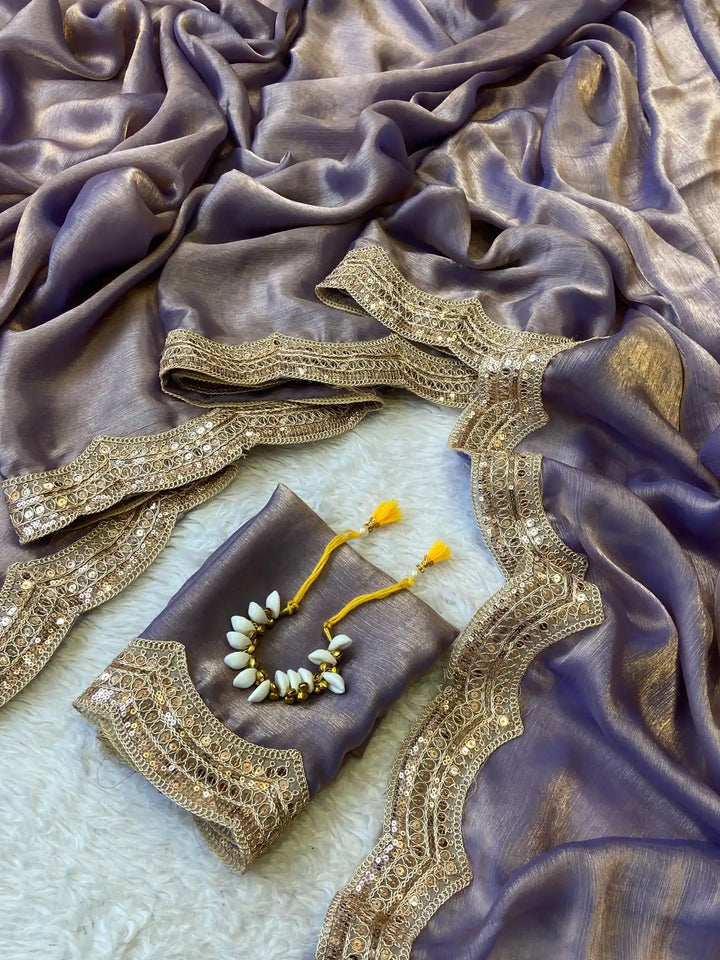 Shimmery Tissue Silk Saree with Cutwork Sequence Lacework 