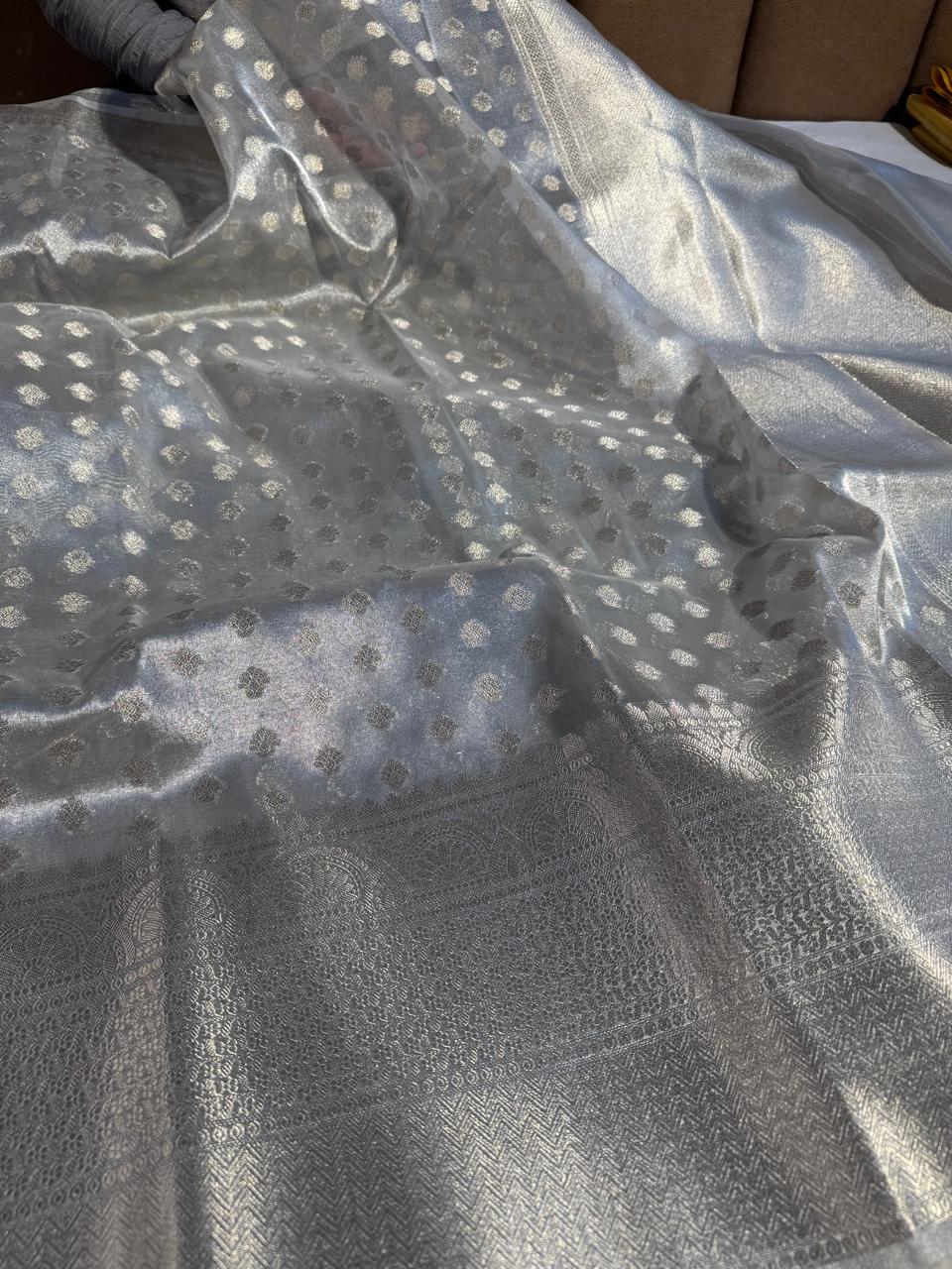 Silver Tissue Silk Buti Banarasi Saree