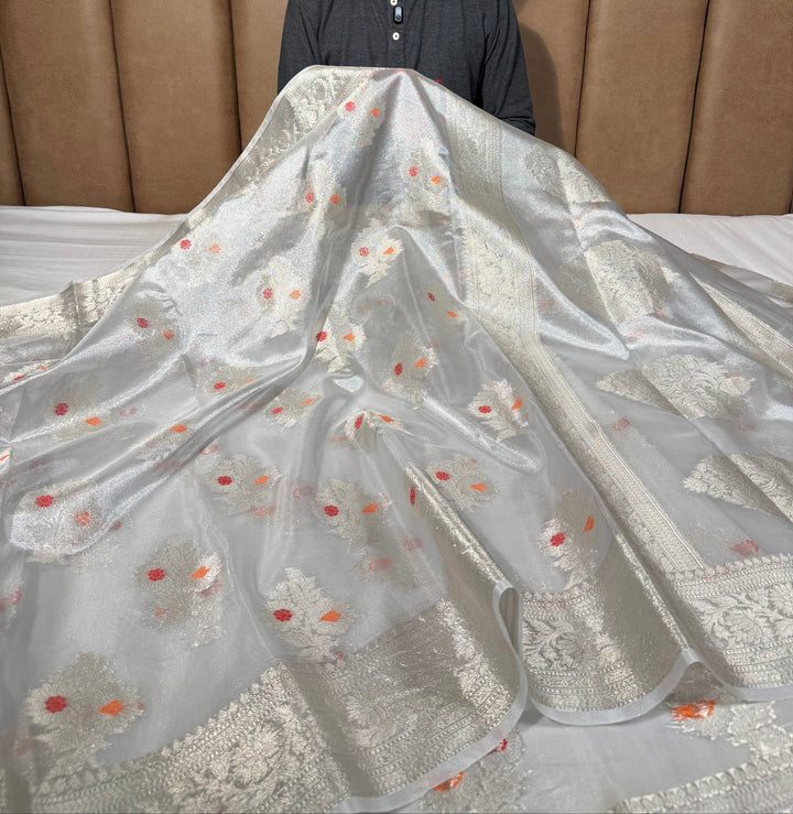 Silver Zari Kora Tissue Meenakari Banarasi Saree