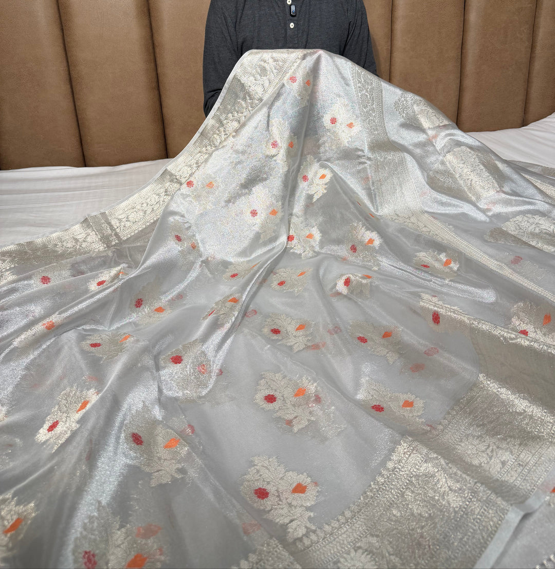 Silver Zari Kora Tissue Meenakari Banarasi Saree