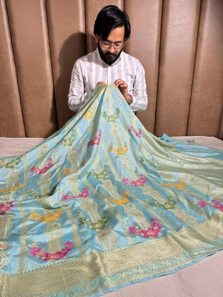 Sky Blue Banarasi Warm Silk Saree with Rich Pallu and Blouse