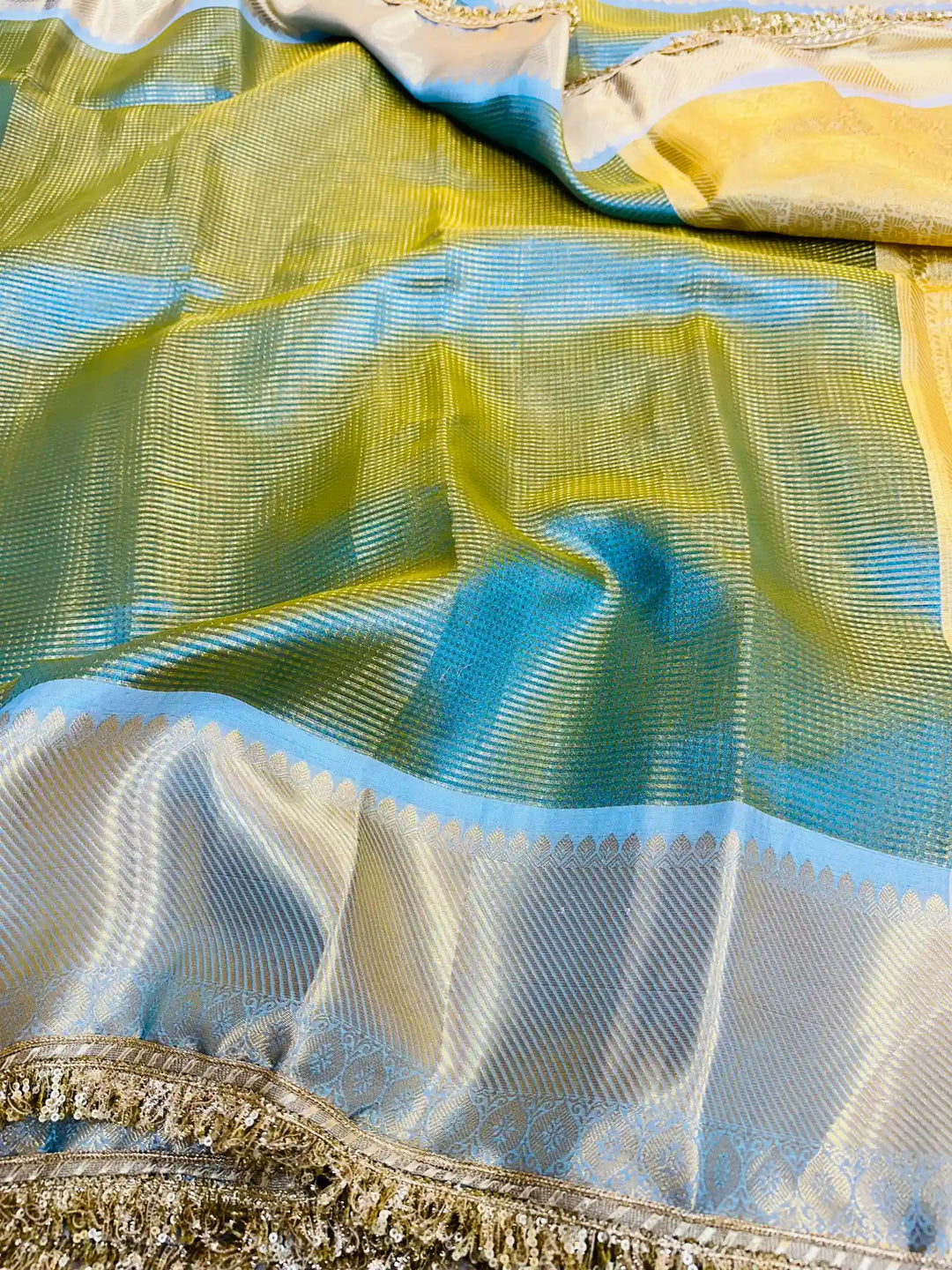 Sky Blue Brocade Tissue Silk Heavy Moti Lace Attached Banarasi Saree